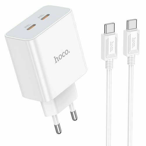 сетевое зарядное устройство hoco c126a 1xusb 2xtype c кабель type c to lightning qc 3 0 pd 40w Сетевое зарядное устройство (СЗУ) Hoco C108A (2 Type-C PD) + кабель Type-C-Type-C, 3 А, белый