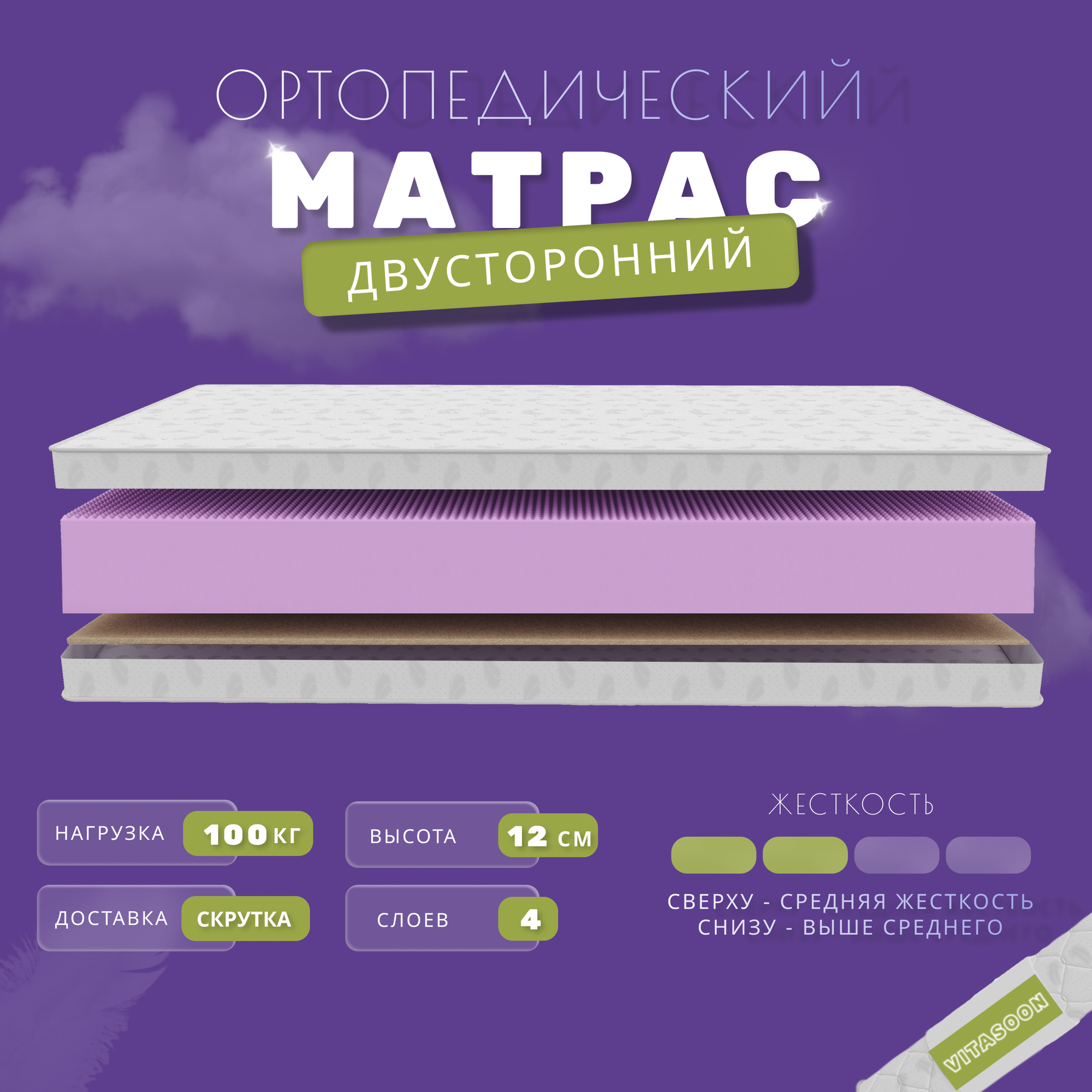 Ортопедический беспружинный матрас VitaSoon ComfortRoll 12 Ck 95х190 , ППУ, разная жесткость, двуспальный, кокосовая койра, в скрутке
