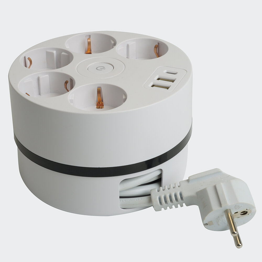Удлинитель 5-местный HM10-51-01 с/з, 3x1мм2, 2.5м, 250В, 16А, 2USB+С 5V 3,1А, серия Comfort, белый 49591 — фото 1