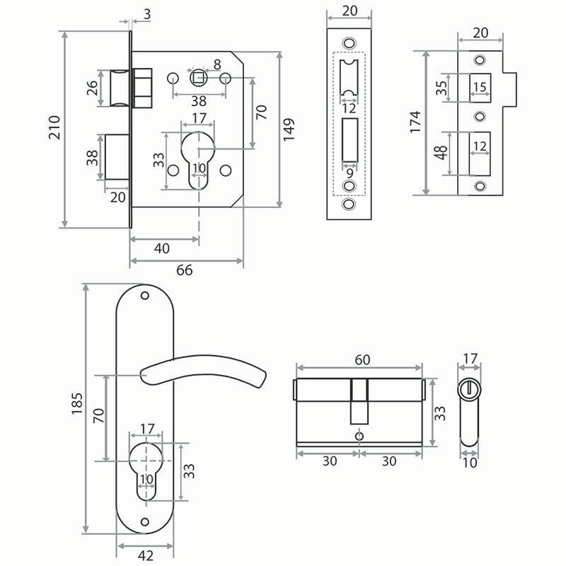 Замок врезной TRODOS 70-L/106 CP (хром), 5 ключей, вылет 20 мм — фото 1