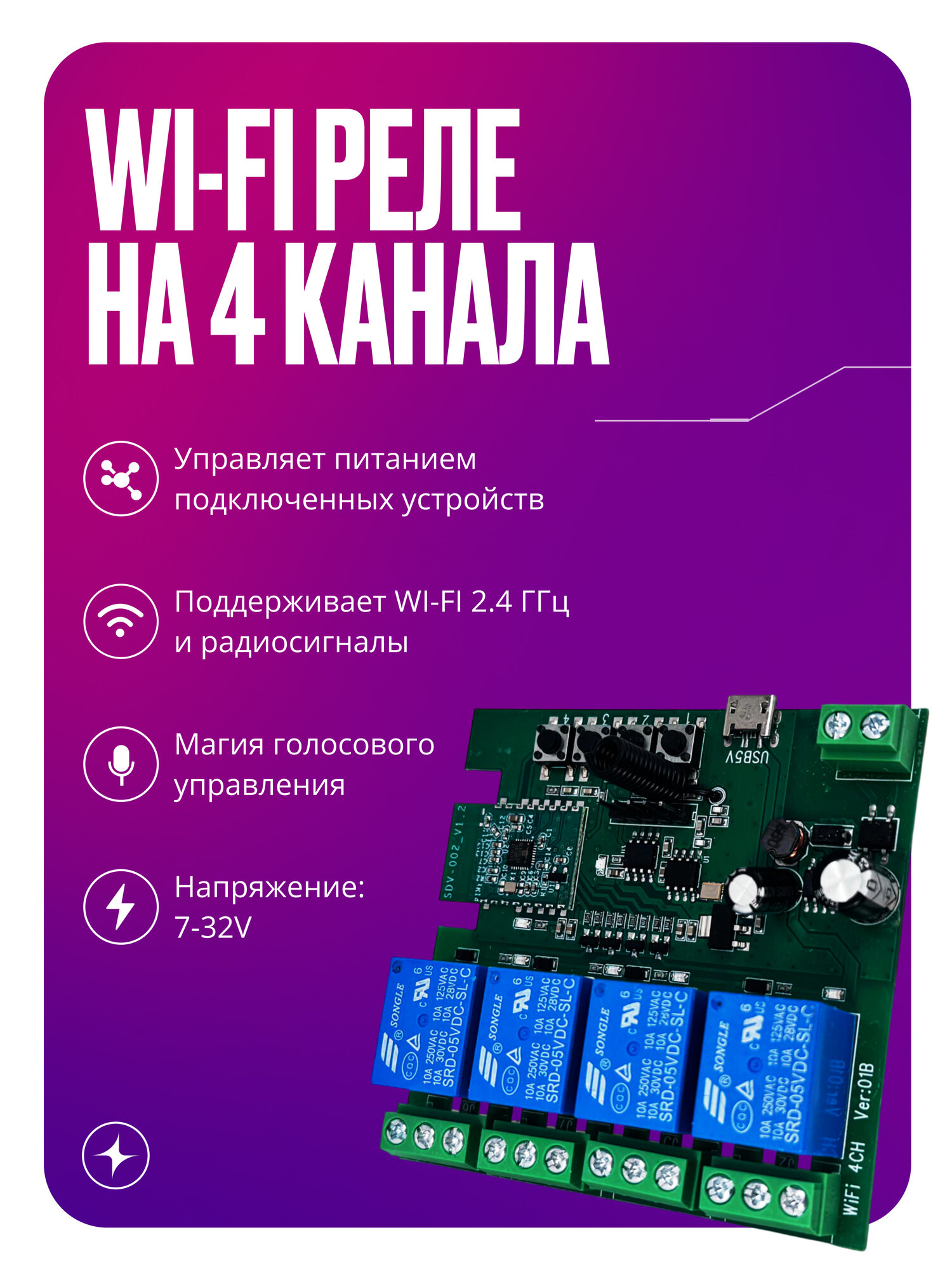 Умное реле WIFI+RF, контроллер на 4 канала без корпуса, 7-32В, умный дом