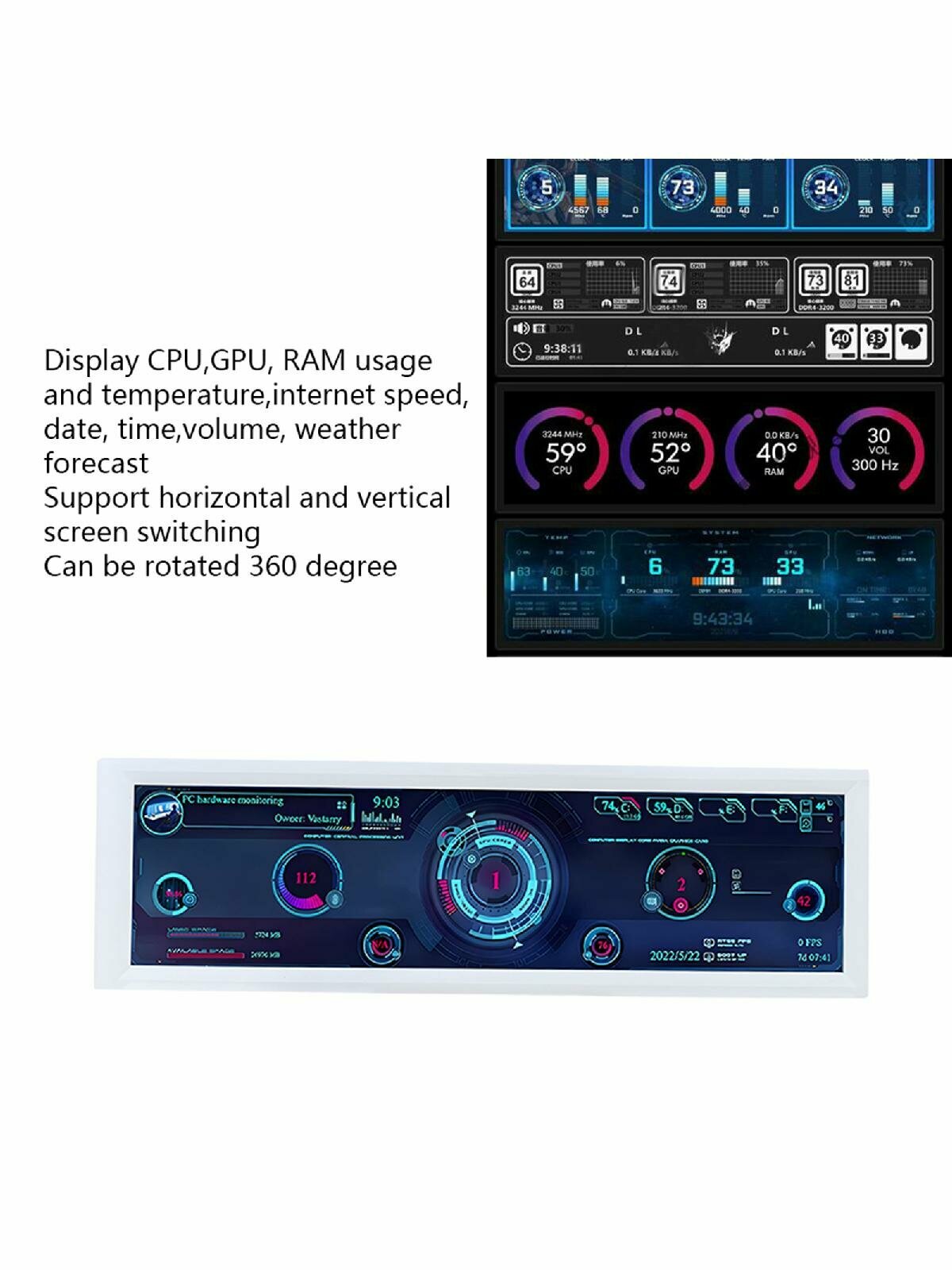 8.8in Computer Temps Monitors, CPU Data Temperature Monitors, PC Displays Screen, CPU GPU PC Sensor Panel — фото 1
