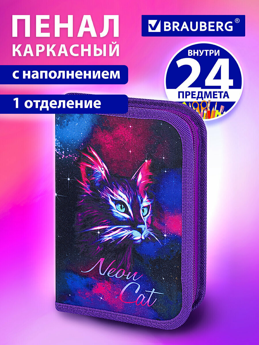 Пенал школьный с наполнением для ручек карандашей для девочки / подростка Brauberg 1 отделение откидная планка 24 предмета 21х14см 271523