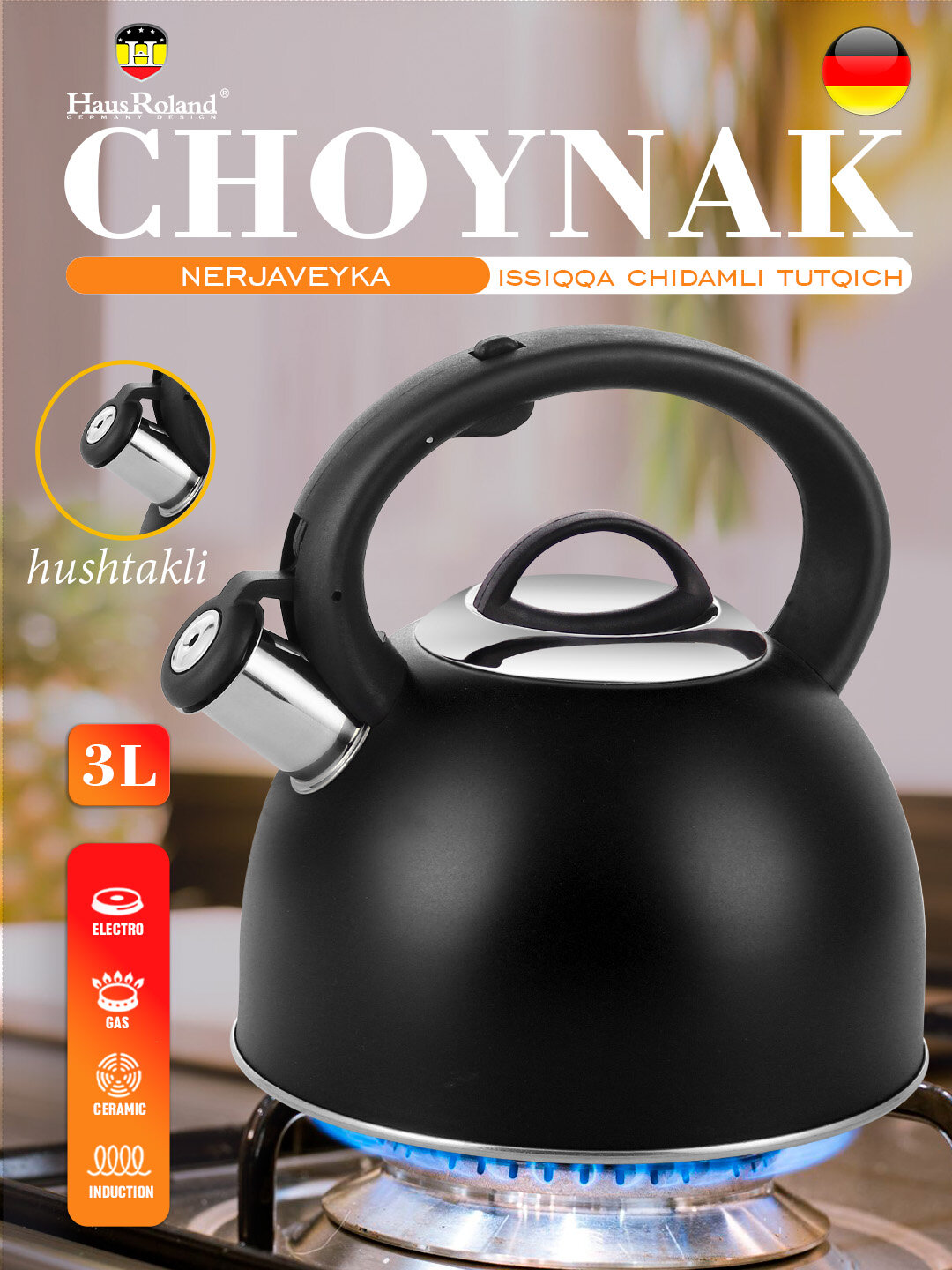 Металлический чайник HausRoland со свистком, с эргономичной ручкой, в разных цветах - Черный