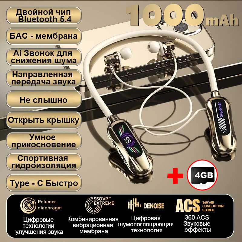 Наушники-браслет с мониторингом звука и слотом для карты памяти. Аккумулятор 1000 мАч, для спорта.