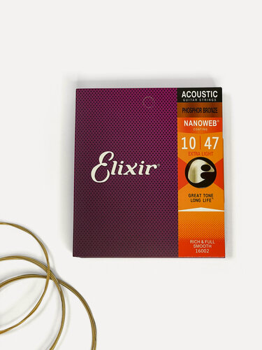 Изображение товара Струны для акустической гитары Elixir Phosphor Bronze Nanoweb Extra Light 16002, 6 металлических струн, 10-47