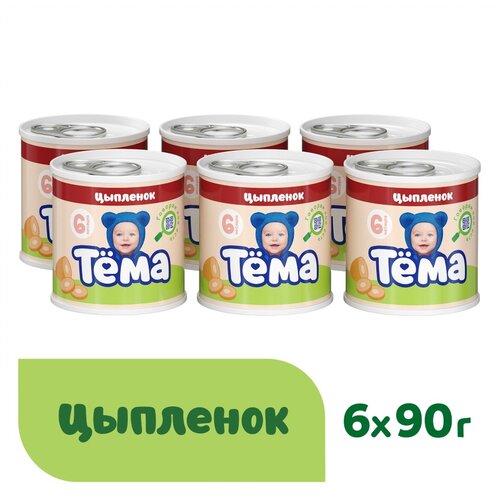 Пюре Тёма цыпленок, с 6 месяцев, 90 г, 6 шт. пюре цыпленок телятина для детей с 6 месяцев 12х80 г