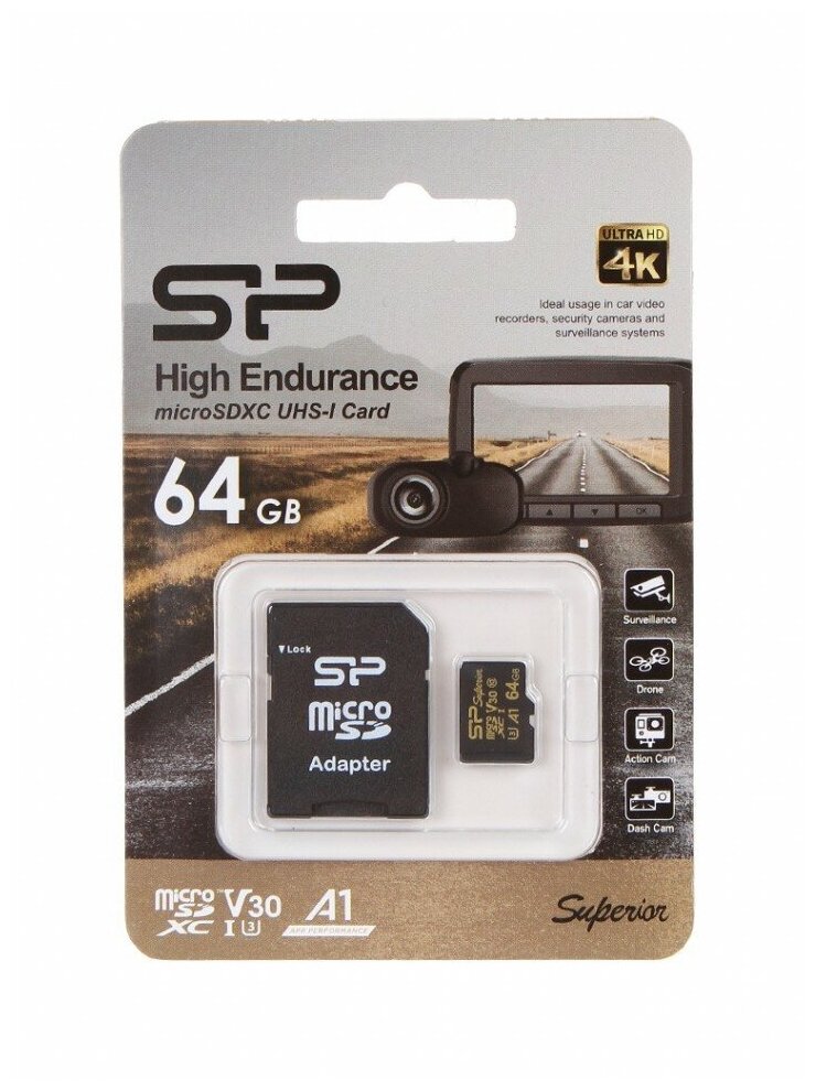 Карта памяти 64Gb - Silicon Power Superior Golden A1 MicroSDXC Class 10 UHS-I U3 A1 SP064GBSTXDV3V1GSP с адаптером SD (Оригинальная!)