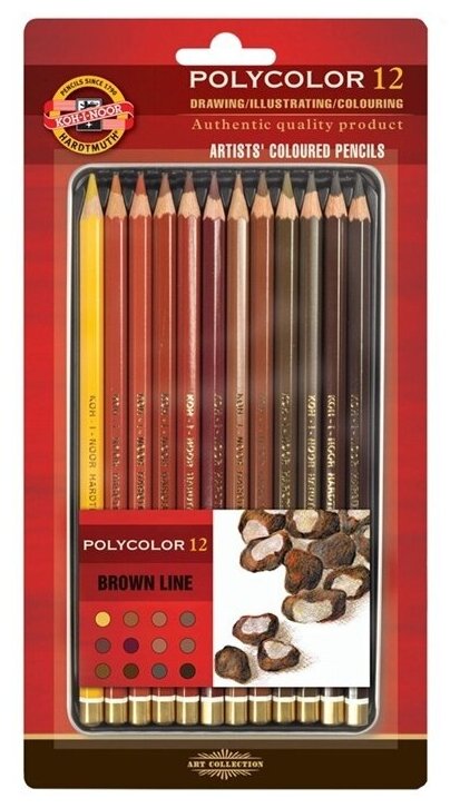 Карандаши цветные KOH-I-NOOR "Polycolor Brown Line", 12 цветов, металлический пенал (3822012014BL)