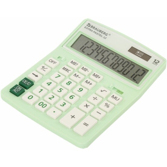 Калькулятор настольный Brauberg EXTRA PASTEL-12-LG (206x155 мм), 12 разрядов, двойное питание, мятный, 250488