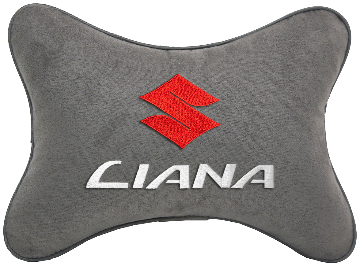 Автомобильная подушка на подголовник алькантара L.Grey с логотипом автомобиля SUZUKI LIANA