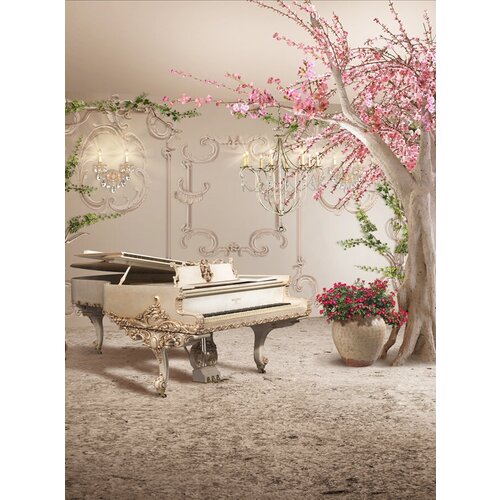 Моющиеся виниловые фотообои GrandPiK Цветущая сакура и рояль, 200х270 см