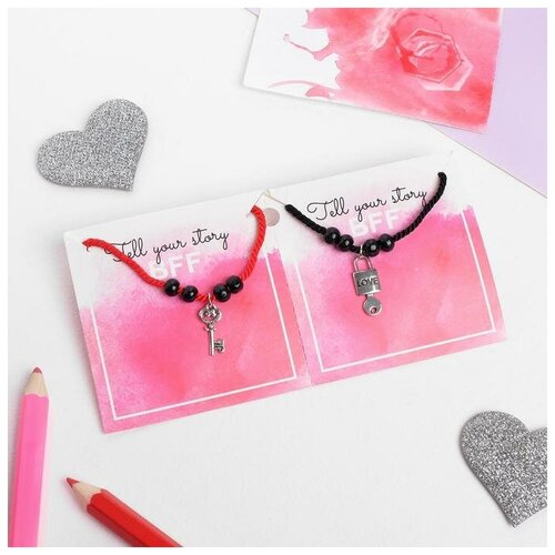 фото Браслеты неразлучники замок+ключ, цвет черно-красный, l=18см tell your story