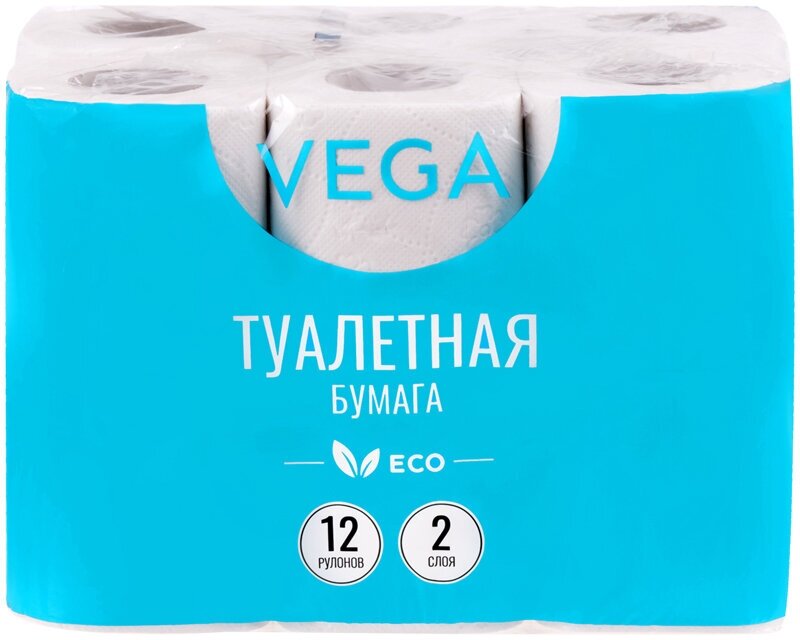 Бумага туалетная Vega 2-слойная, 12шт, эко, 15м, тиснение, белая - 2 шт.