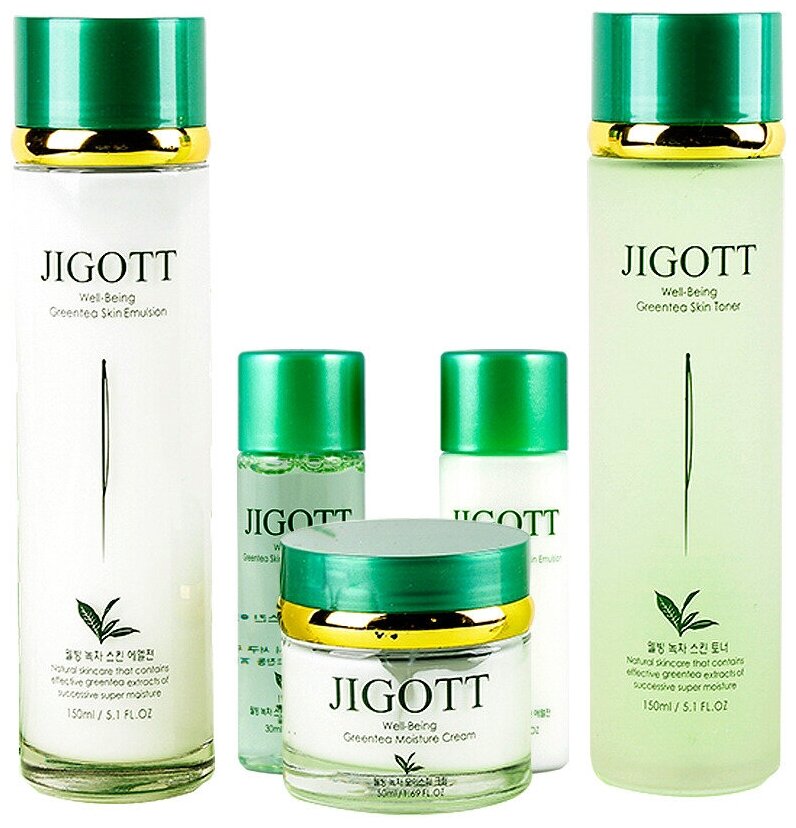 Набор для лица с экстрактом зеленого чая Jigott Well-Being Green Tea Skin Care 3Set (150 мл*2 шт/50 мл/30 мл*2 шт)