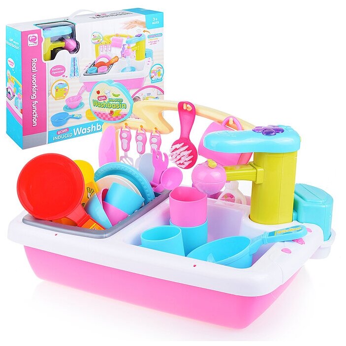 Раковина игрушечная с сушилкой, посудой и циркуляцией воды / Игровой детский набор Oubaoloon QF26243P "Кухня" в коробке