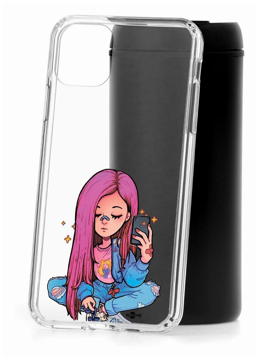 Чехол для iPhone 11 Pro Max Kruche Print Pink Hair,противоударная пластиковая накладка с рисунком,защитный силиконовый бампер с защитой камеры