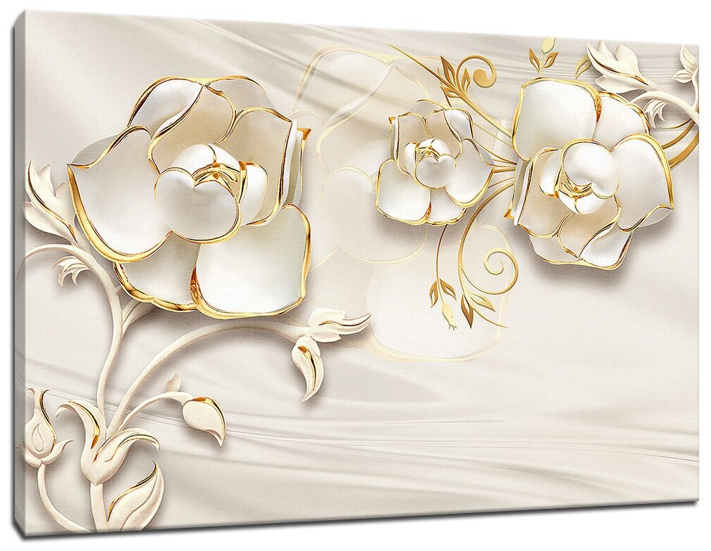 Картина Уютная стена "Белые 3D цветы с позолотой" 90х60 см