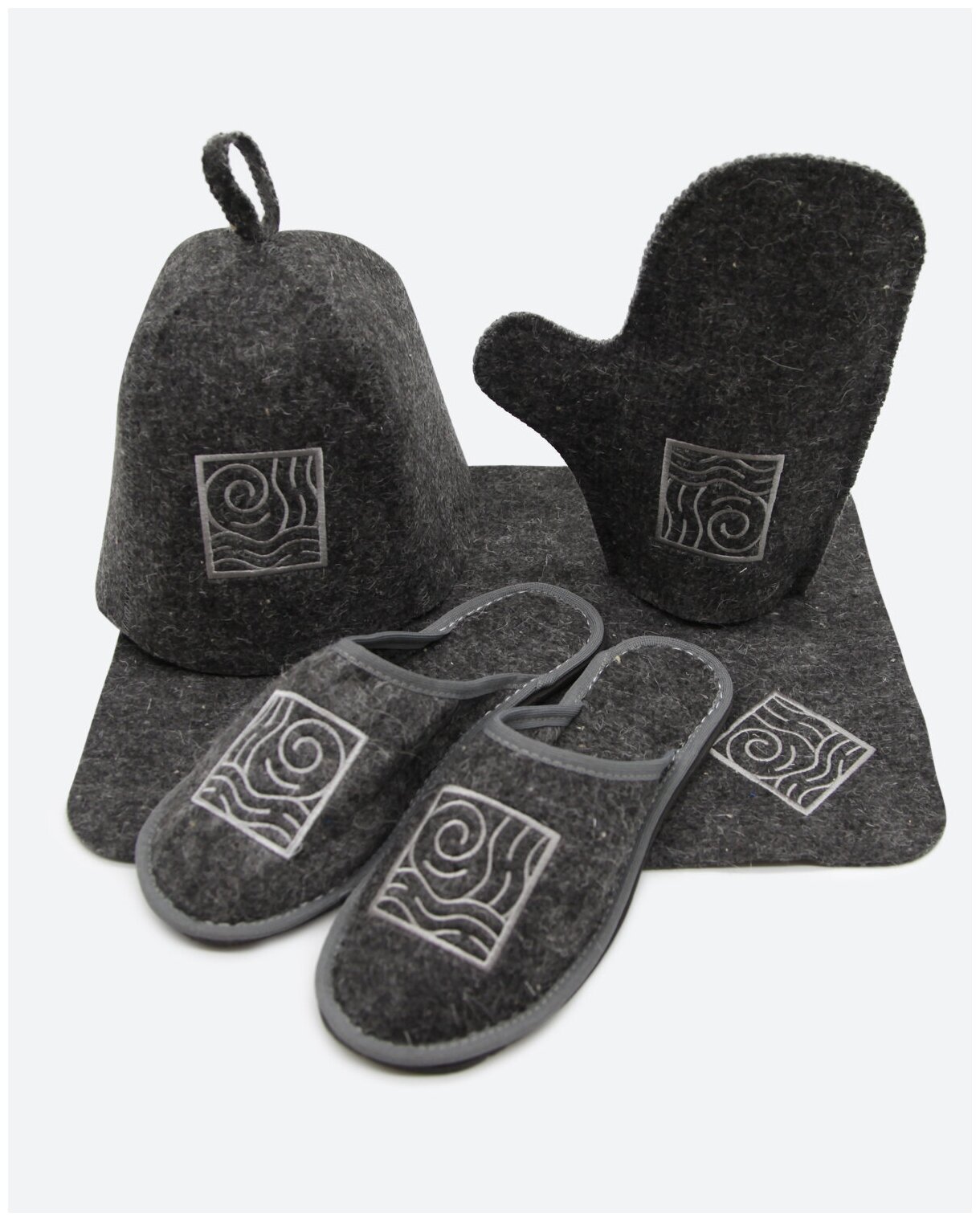 Набор фирменный для бани и сауны из 4-х предметов VALENOK GREY(шапка коврик рукавица тапки) с вышивкой российский войлок