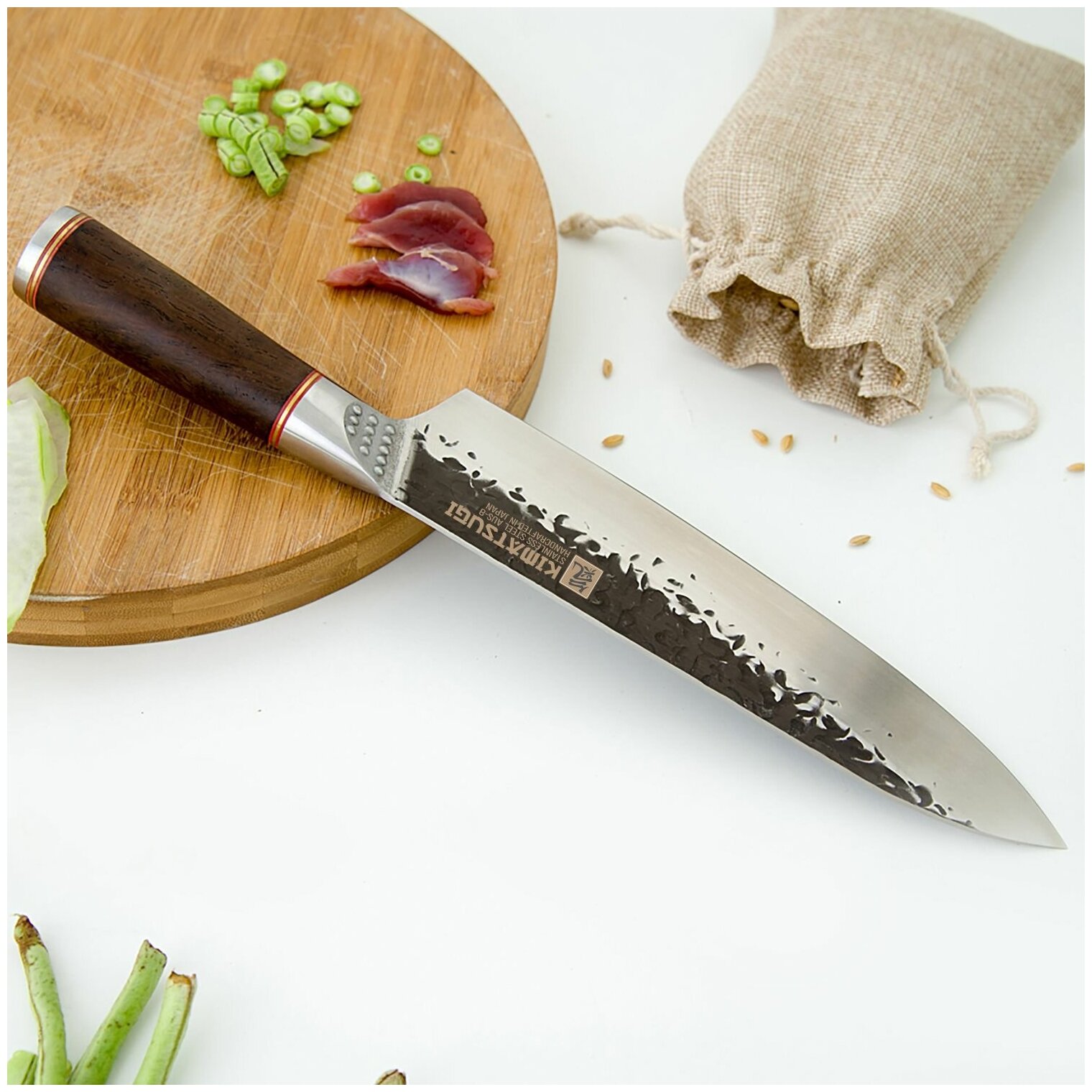 Kimatsugi / Традиционный японский поварской нож / Нержавеющая сталь AUS-8 / Длина лезвия 21 см / Кожаные ножны в комплекте - фотография № 13