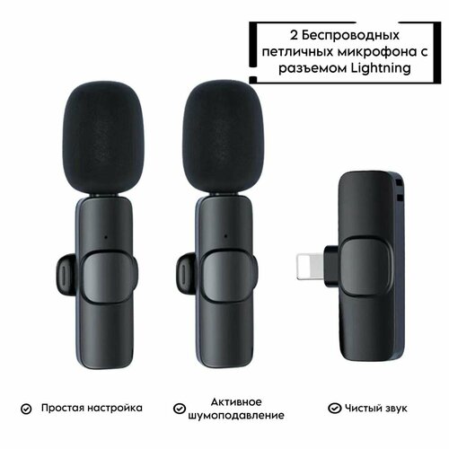 Микрофон петличный беспроводной с шумоподавлением для iphone - lightning 2 шт для телефона по Bluetooth петличка с клипсой для айфона черный 99000₽