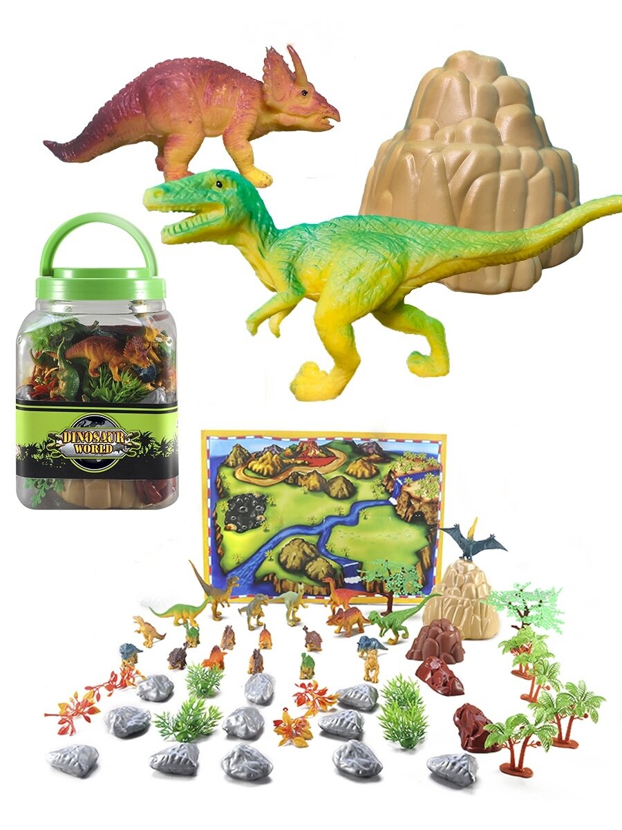 Диномир Карта дорога с динозаврами деревья, камни, фигурки животных реалистичные сюжетные игры