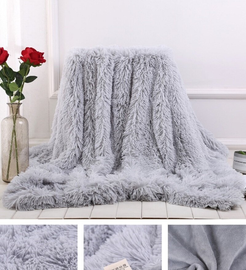 Пушистый меховой плед "Травка" с длинным ворсом цвет Серый, Евро 220/240