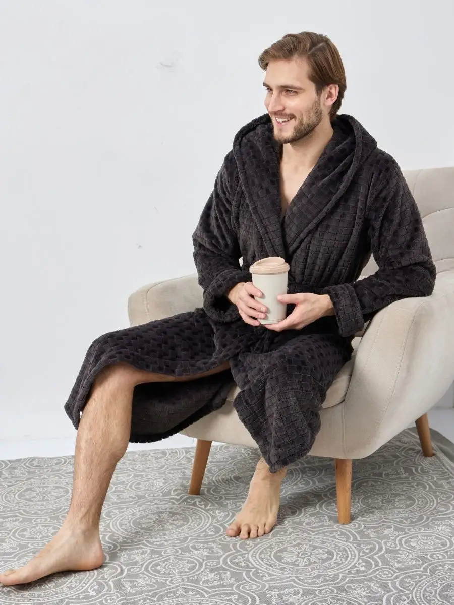 Халат мужской махровый с капюшоном домашний теплый в баню 58 размер - фотография № 1