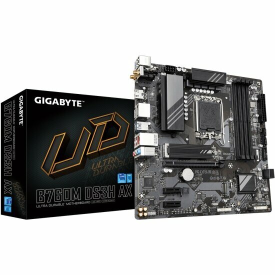 Материнская плата mATX GIGABYTE (LGA1700, B760, 4*DDR4 (5333), 4*SATA 6G RAID, 2*M.2, 3*PCIE, 2.5Glan, WiFi, BT, HDMI, DP, USB Type-C, 3 - фото №1