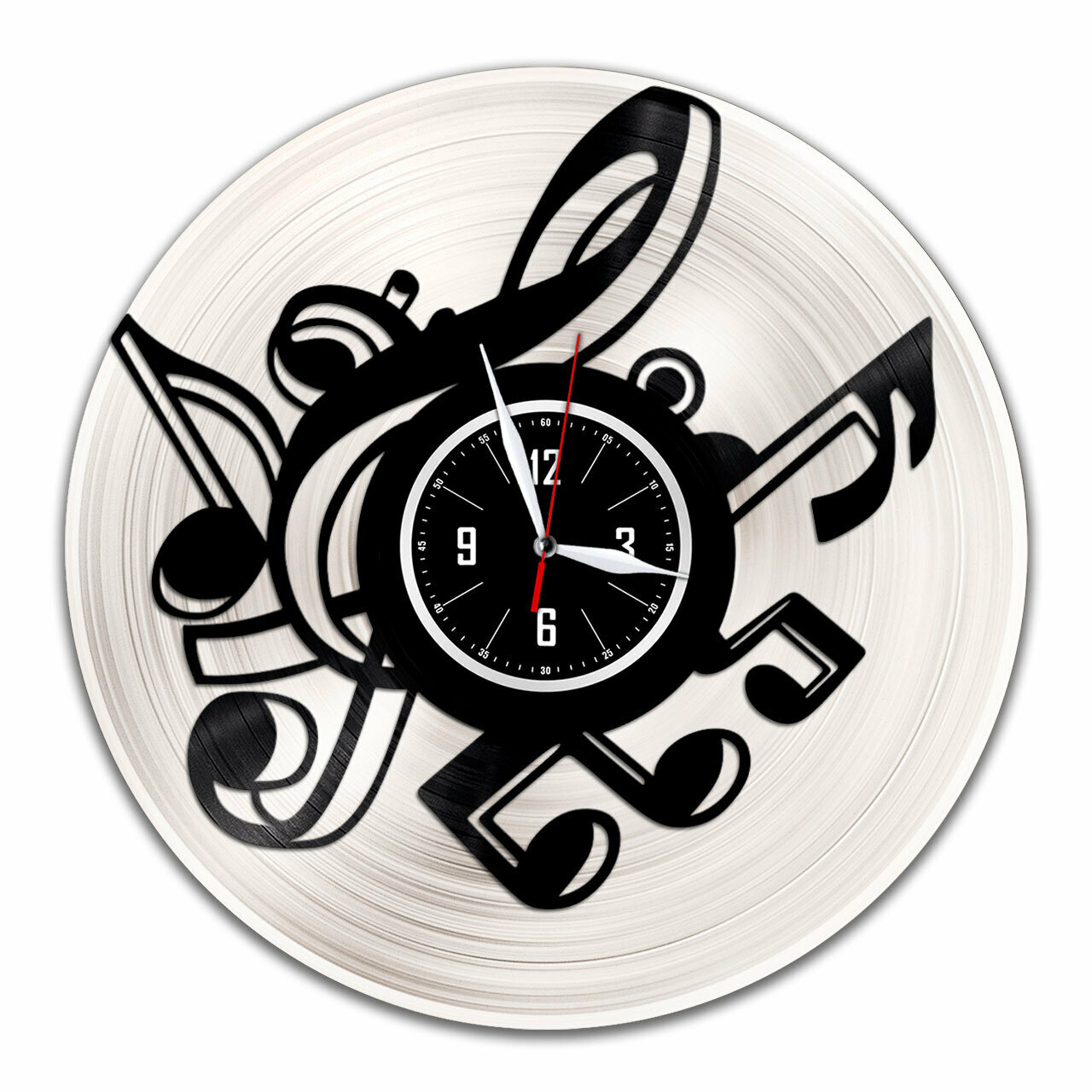 Ноты - настенные часы из виниловой пластинки (с серебряной подложкой)