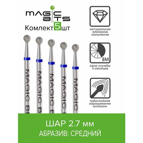 аксессуары для маникюра magic bits алмазный шар 3 1 мм мягкий Magic Bits Набор фрез Алмазный шар 2.7 мм с натуральным напылением среднего абразива