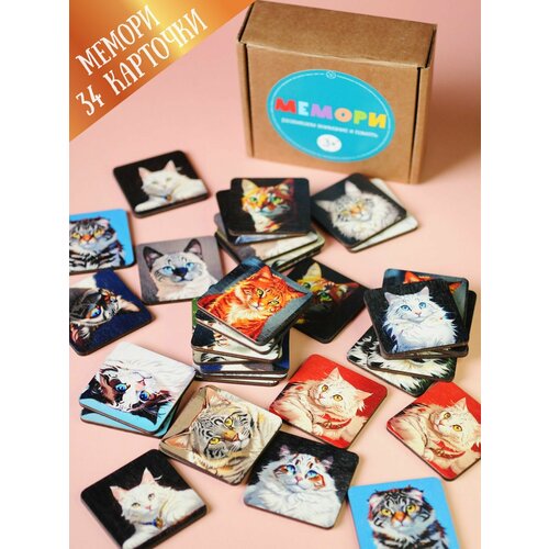 Карточки развивающие деревянные настольная игра для детей Мемори породы кошек фанера 4мм 790₽