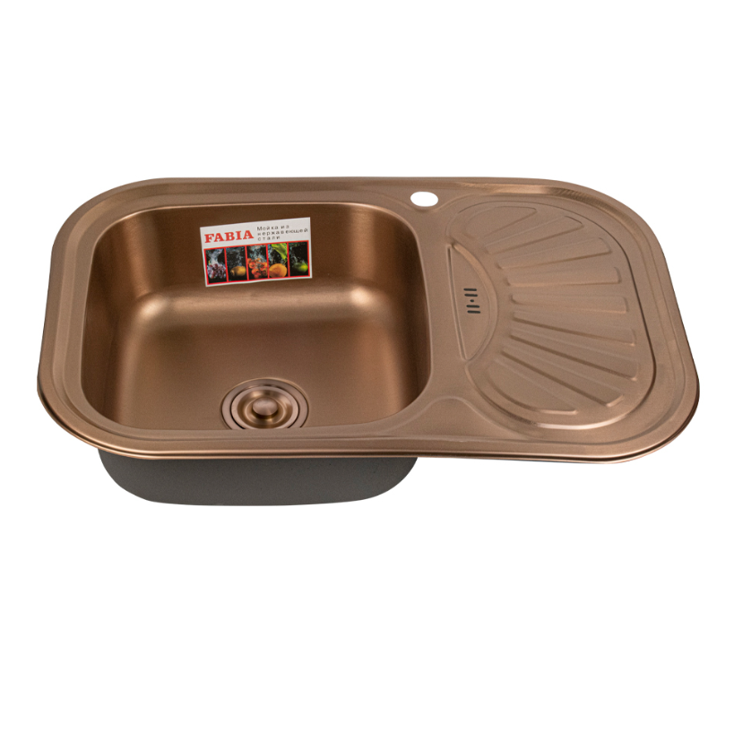 фото Мойка врезная 75х49 см, левая, медь, толщина 0,8 мм, глубина 180 мм + большой сифон с переливом