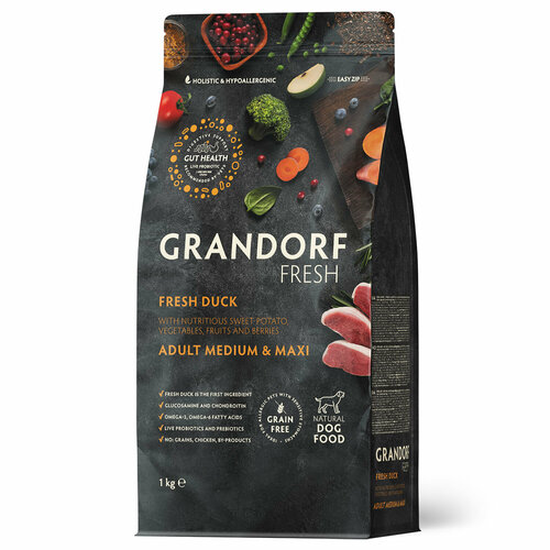 Grandorf Fresh Dog Adult MED & MAXI Duck & Sweet Potato: Утка, Индейка и Батат для собак средних и крупных пород 1 кг (GDF Dog MM Duck 1)
