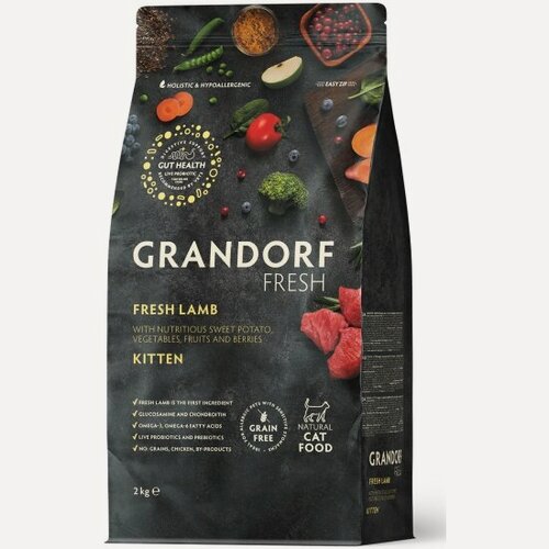 Изображение товара Корм сухой Grandorf Fresh , беззерновой с живыми пробиотиками, свежее мясо ягненка с бататом для котят, 2 кг