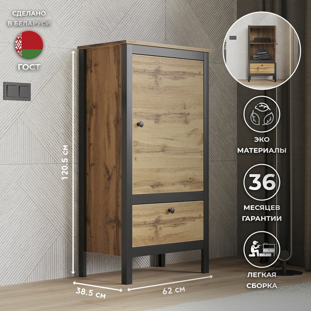 Шкаф 1дв. 62х385х1205см LOFT REG1D1S/60 (Дуб вотан/Черный) 1уп.