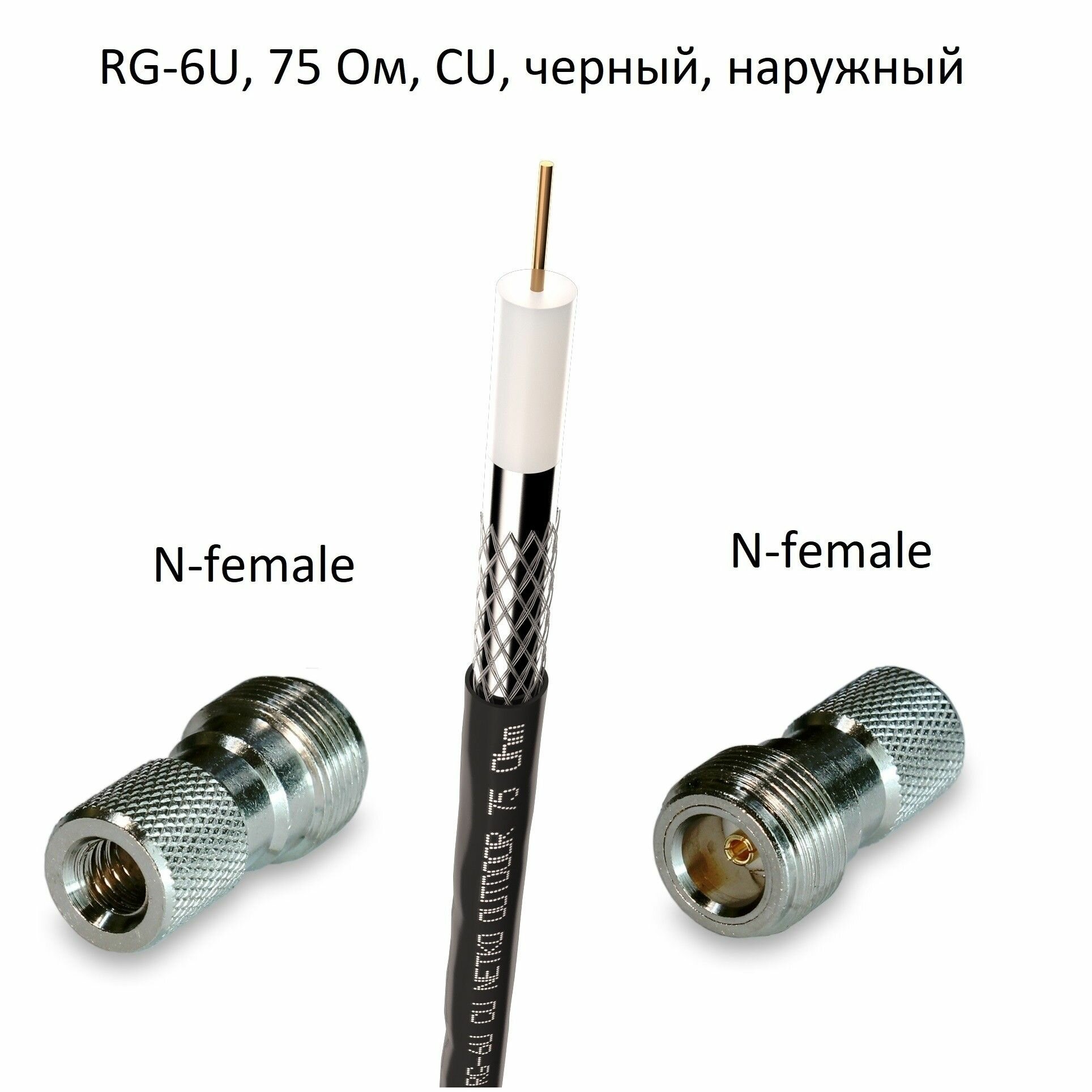 Кабель 75 Ом RG-6U с накручивающимися разъемами N-female медный черный уличный 25 метров