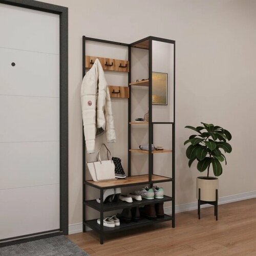 Вешалка Letta в прихожую Frame с зеркалом ЛДСП Дуб Вотан Черн металл 820х1813hх350 11470₽