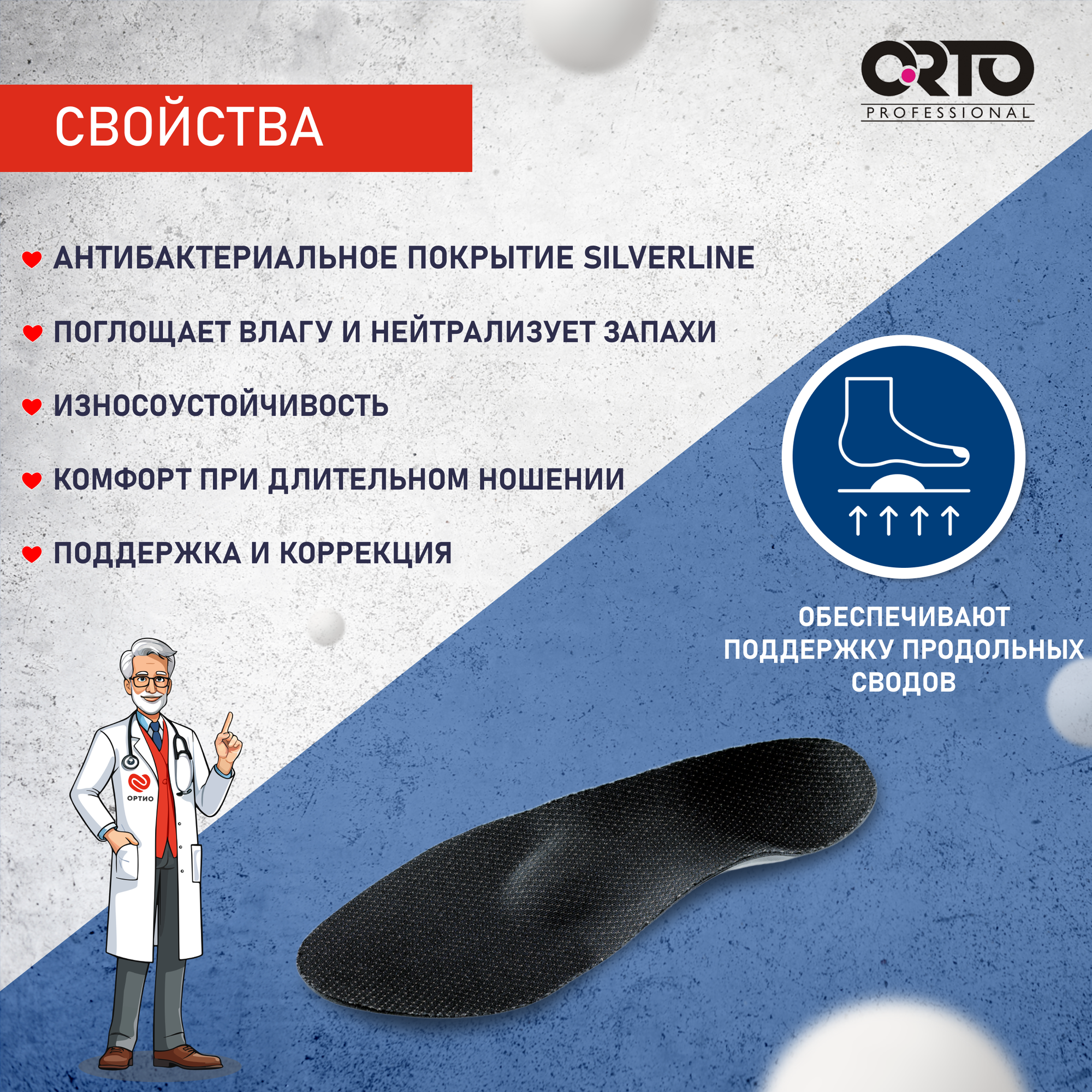 Изображение Стельки ORTO PROFESSIONAL COMPLEX TECH, амортизирующие, черные, полиуретан/полиэстер, при пяточной шпоре, размер 46