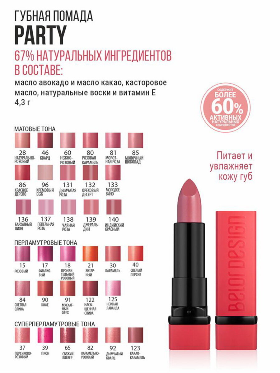 Губная помада Belor Design PARTY, тон 133 "Молодое вино", увлажняющая, кремовая, 4 г — фото 1