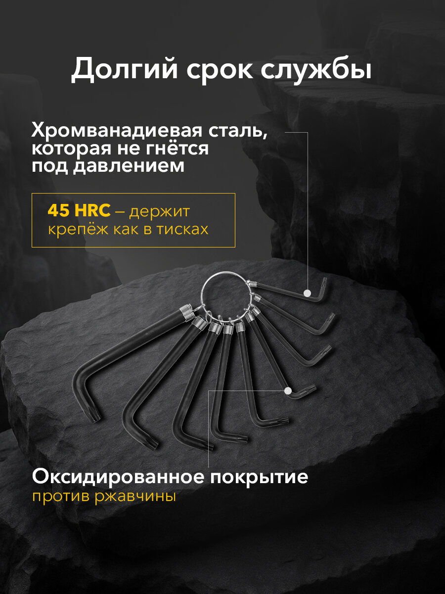 Набор шестигранных ключей, TORX KRANZ, из углеродистой стали, 45 HRС, 9 шт — фото 1