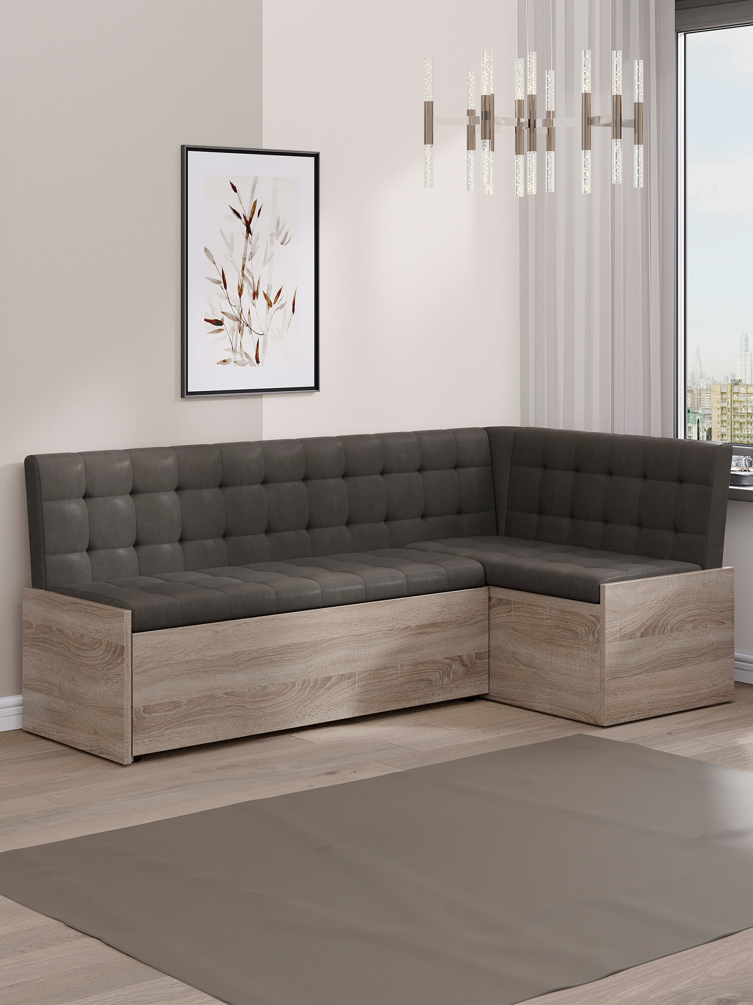 Кухонный уголок Скамья угловая со спальным местом Форест Дуб Сонома трюфель/Кожзам коричневый