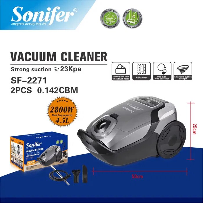 Электрический пылесос Sonifer SF-2271 с мощным всасыванием и HEPA-фильтром, 4,5 л для дома