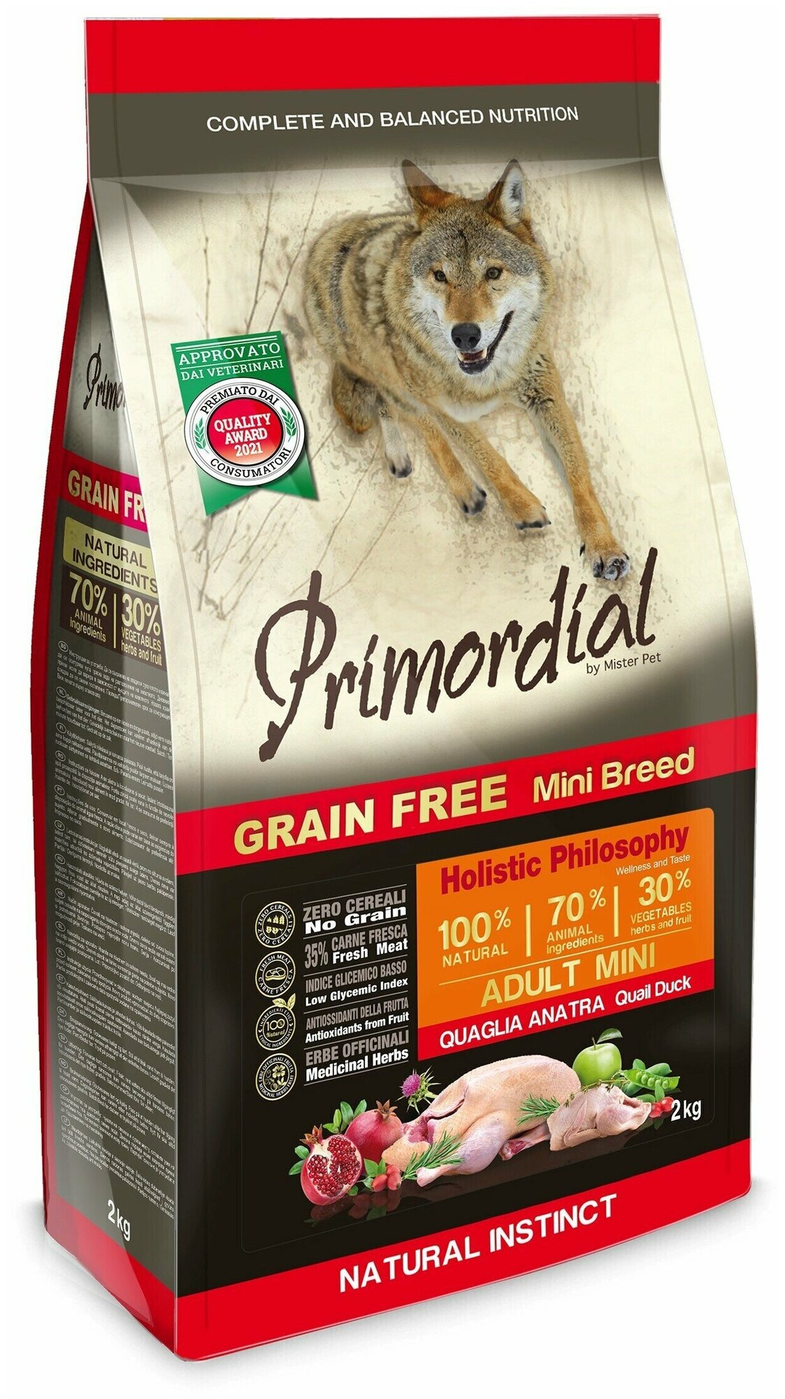 Сухой корм для собак Primordial беззерновой, перепелка, утка 2 кг (для мелких пород)