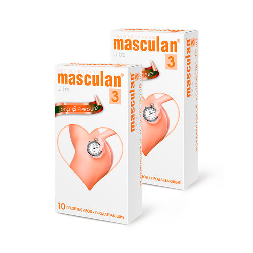 Презервативы Masculan 3 Ultra Long Pleasure №10, 2 упаковки (20 презервативов, продлевающие, с коллечками и пупырышками) маскулан презервативы ультра продлевающие с колечками и пупырышками тип 3 10