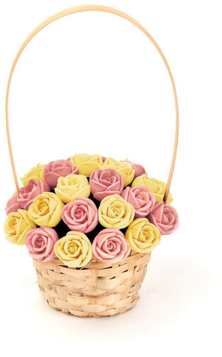 Подарок к пасхе корзинка из 27 шоколадных роз CHOCO STORY - Желтый и Розовый микс из премиум-шоколада, 324 гр. K27-JR