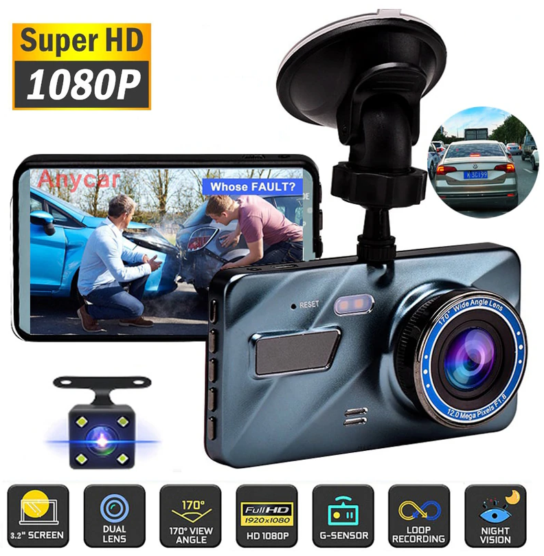 Автомобильный видеорегистратор Full HD 1080P /4.0 LCD дисплей / HDR / Датчик удара G-sensor / Камера заднего вида для парковки