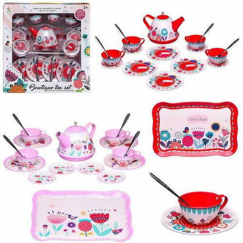 Игровой набор Junfa Посуда игрушечная металлическая в наборе с чайником, чашками, блюдцами, подносом
