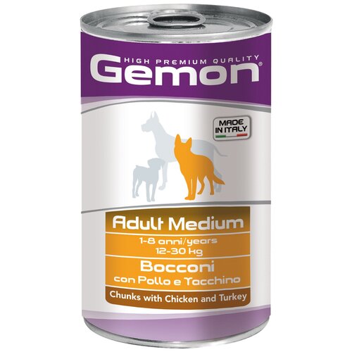 gemon dog полнорационный влажный корм для собак паштет с говяжим рубцом в консервах 400 г Gemon Dog Medium консервы для собак средних пород кусочки курицы с индейкой 1250г х12