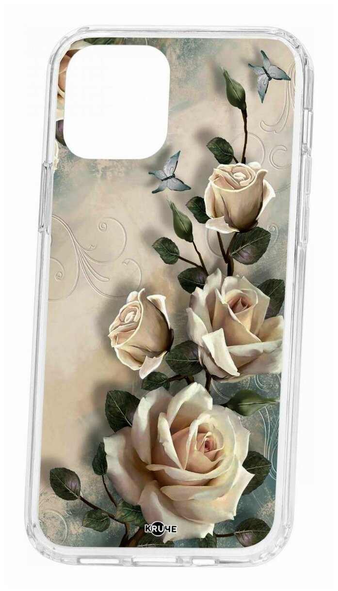 Чехол для iPhone 12/12 Pro Kruche Print Белые розы, противоударная пластиковая накладка с рисунком, защитный силиконовый бампер с защитой камеры